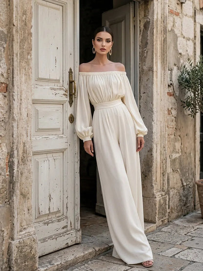 Off-Shoulder Cotton Blend Wide-Leg Jumpsuit