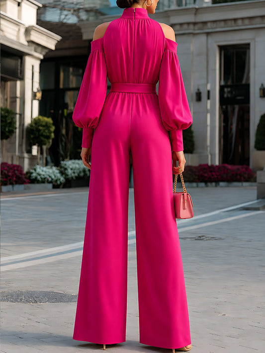 Tie-Waist Cold-Shoulder Wide-Leg Jumpsuit