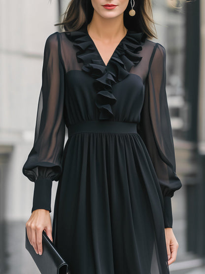 Ruffle Detail Sheer Sleeve Chiffon Midi Dress