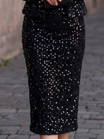 Sequin Tweed Cropped Jacket Midi Skirt Two-Piece Set