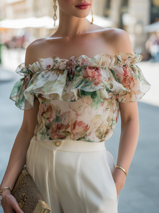 Blusa Chiffon Floral Ombro a Ombro com Babado
