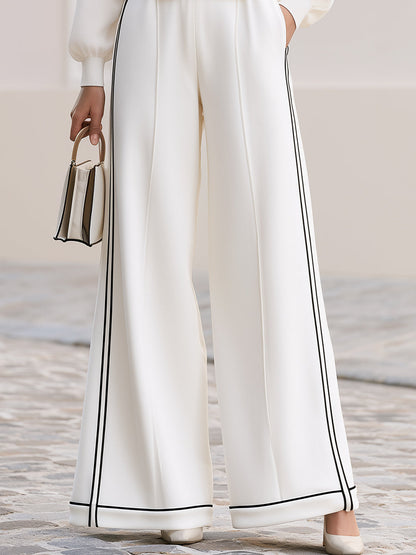 Stand Collar Zip  Cropped Jacket & Double Side Stripe Wide Leg Pants