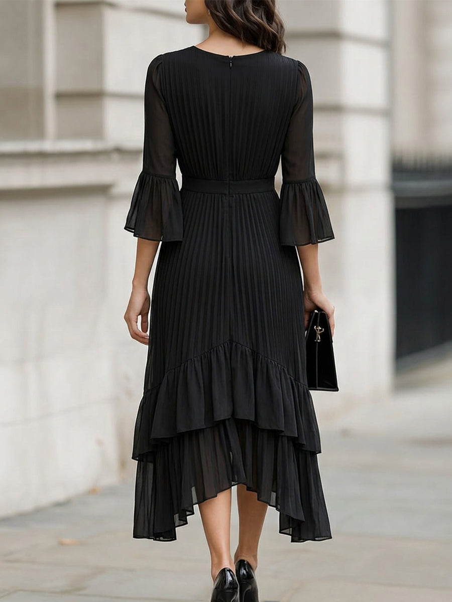 V-Neck 3/4 Flare Sleeve Pleated Chiffon Midi Dress