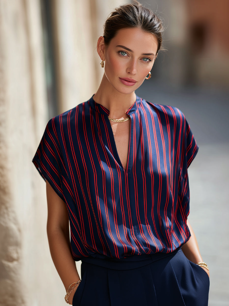 Stand Collar Split Neck Striped Satin Dolman Blouse