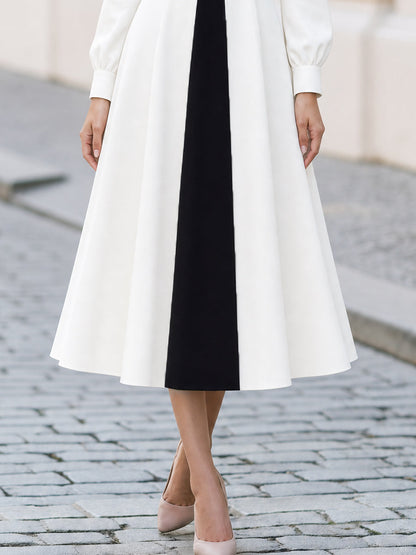 Black Contrast V-Neck Puff Long Sleeve Flared Midi Dress