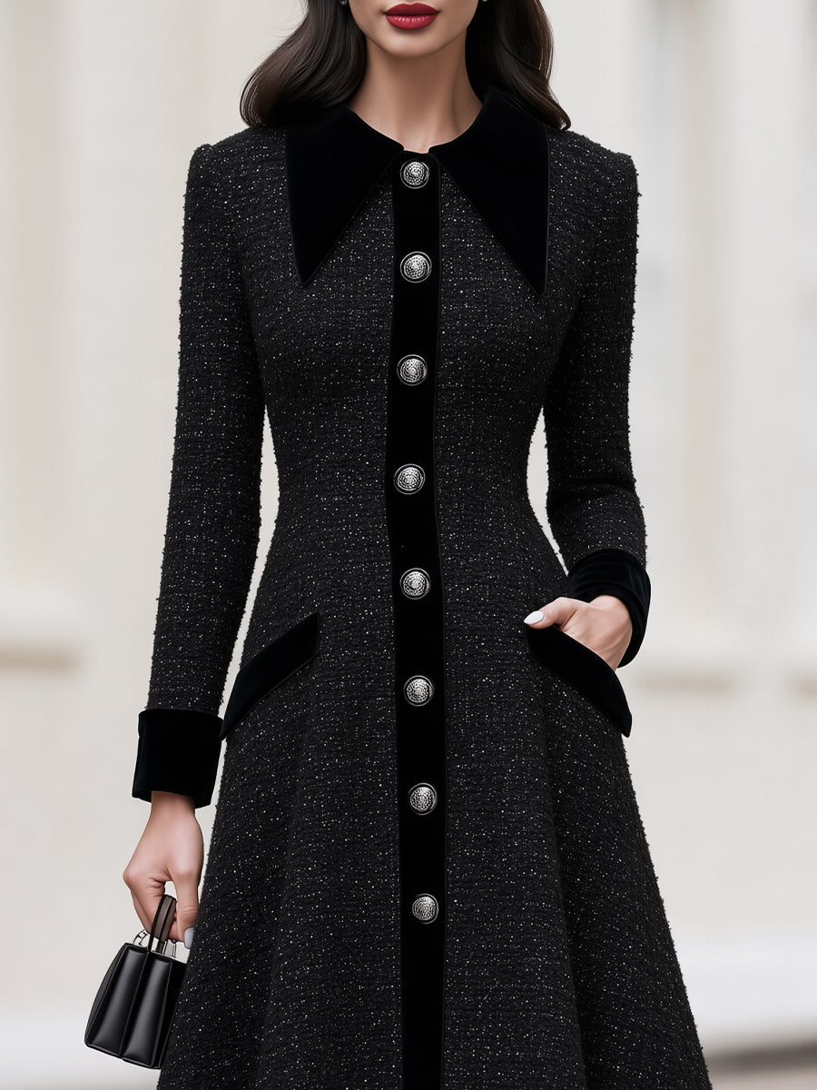 Sparkle Tweed Velvet Collar Cuff Fit & Flare Midi Coat Dress