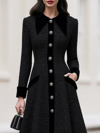 Sparkle Tweed Velvet Collar Cuff Fit & Flare Midi Coat Dress