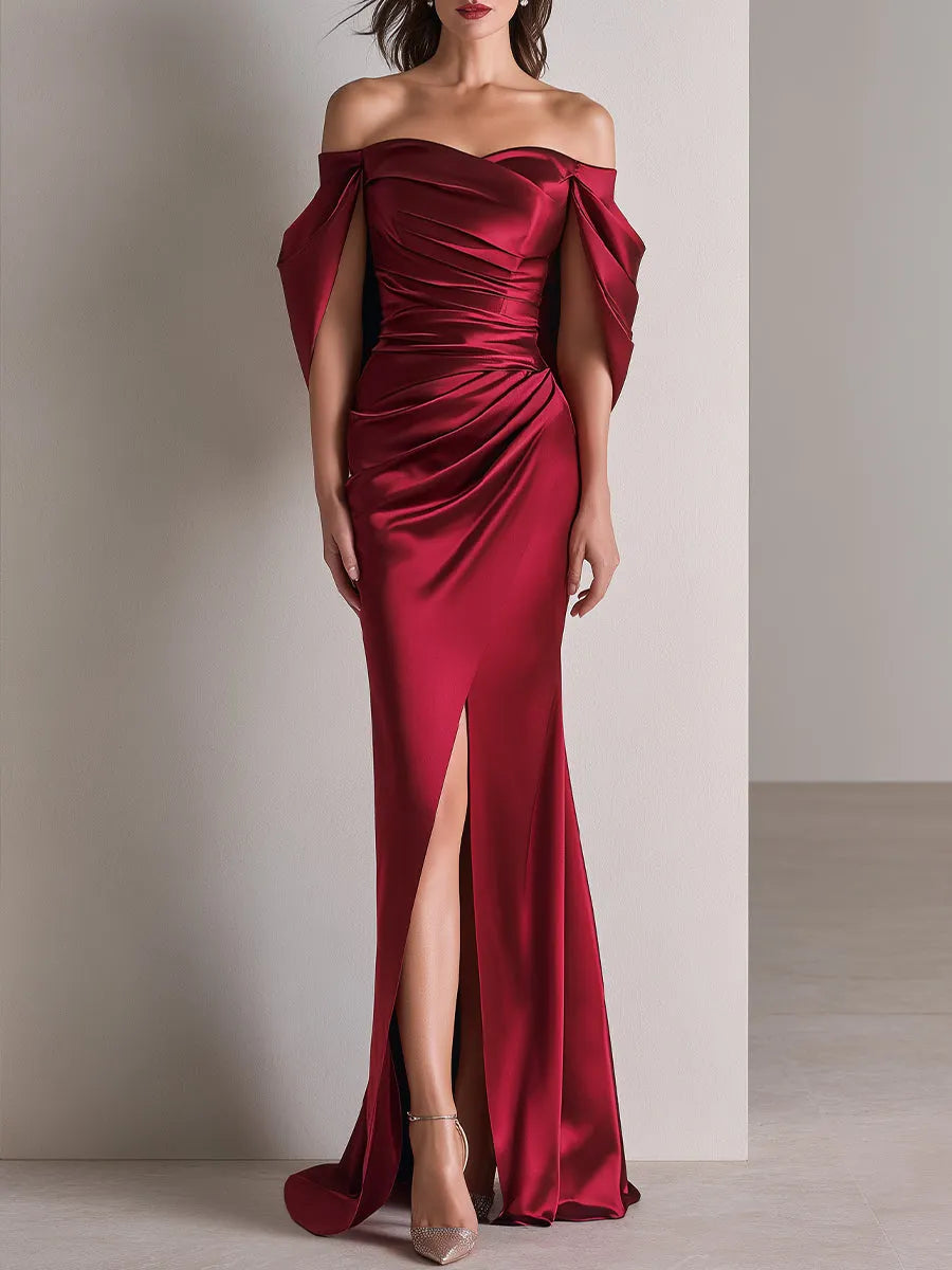 Off-Shoulder Draped Sleeve Ruched Satin Evening Gown