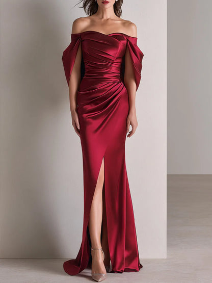 Off-Shoulder Draped Sleeve Ruched Satin Evening Gown