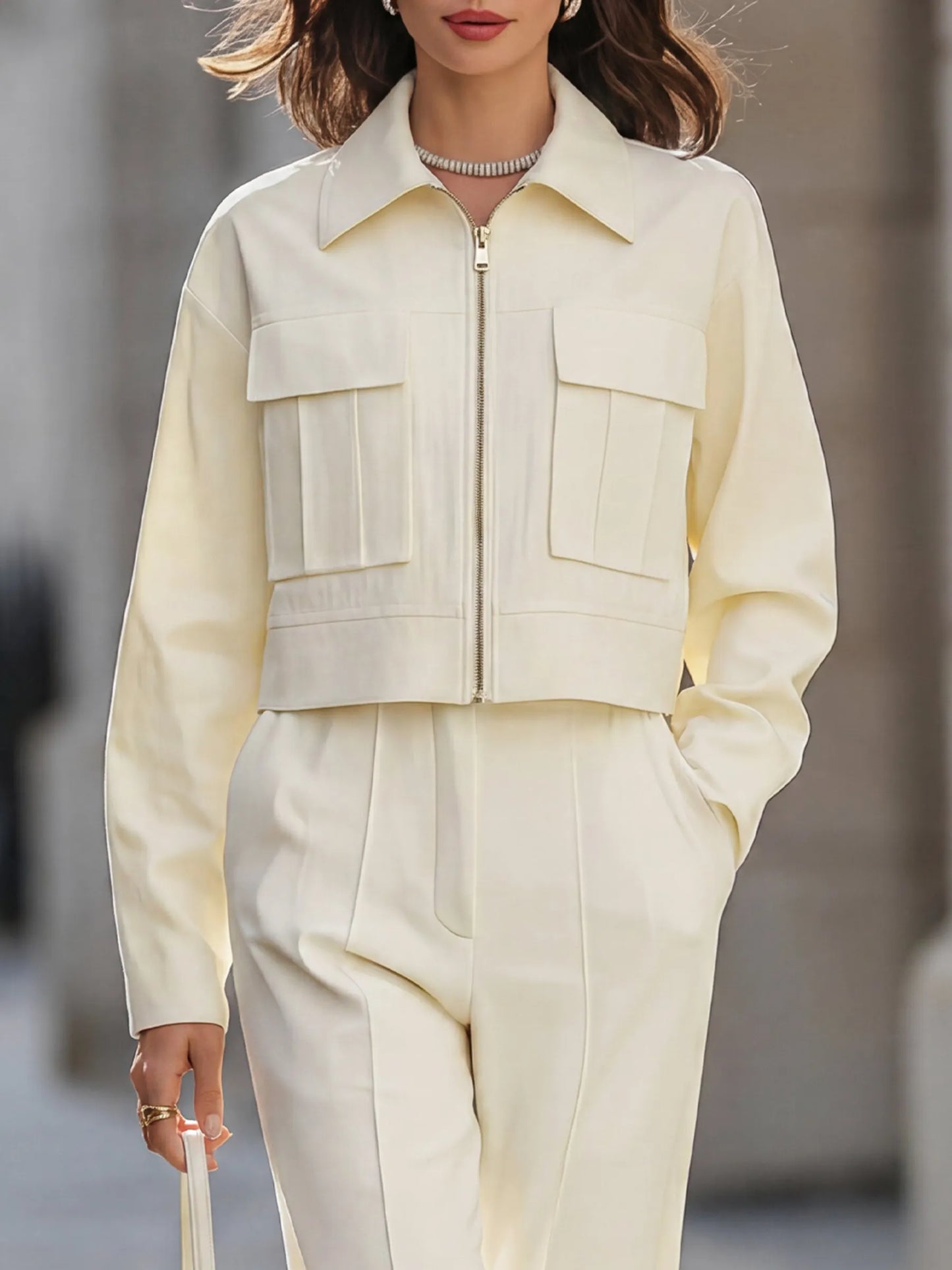 Zip-Up Cropped Utility Jacket & Wide-Leg Tailored Trousers Set