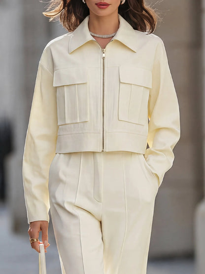 Zip-Up Cropped Utility Jacket & Wide-Leg Tailored Trousers Set