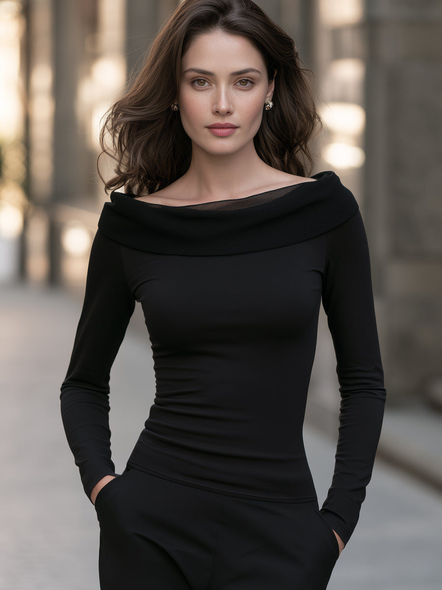 Mesh Insert Fold-Over Neck Long Sleeve Top