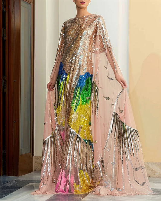 Vestido Feminino de Lantejoulas com Decote Redondo em Tela