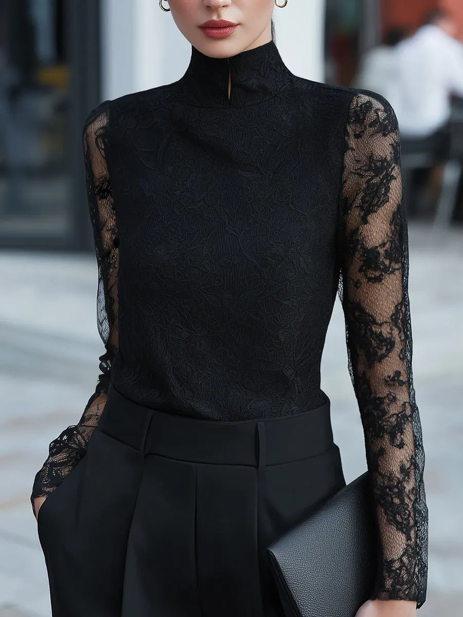 Sheer Long-Sleeve Lace High-Neck Blouse
