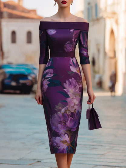 Off-Shoulder Floral Print Structured Midi Dress