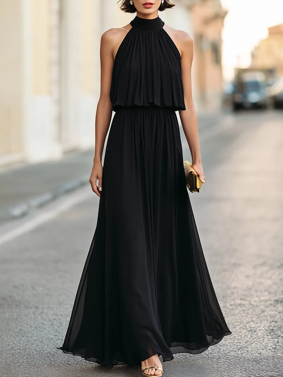 Draped Halter Neck Chiffon Maxi Evening Dress