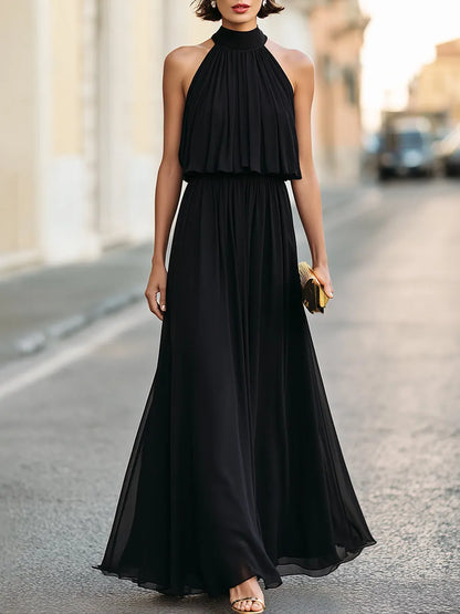 Draped Halter Neck Chiffon Maxi Evening Dress