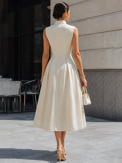 Sleeveless Stand-Collar Pleated Midi Shirt Dress