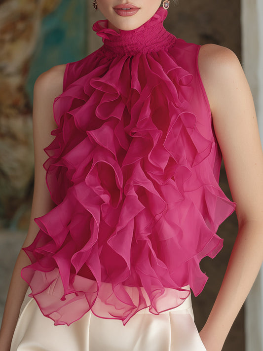 Blusa de Chiffon Sem Manga com Gola Alta e Babados