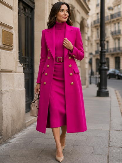 Double-Breasted Maxi Coat And Belted Knit Midi Dress Set