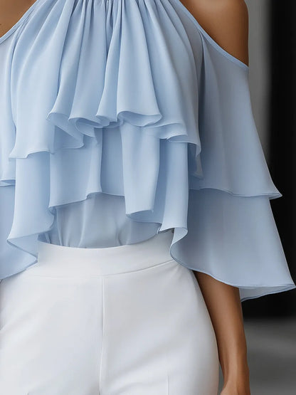 Elegant Cold-Shoulder Tiered Ruffle Chiffon Blouse