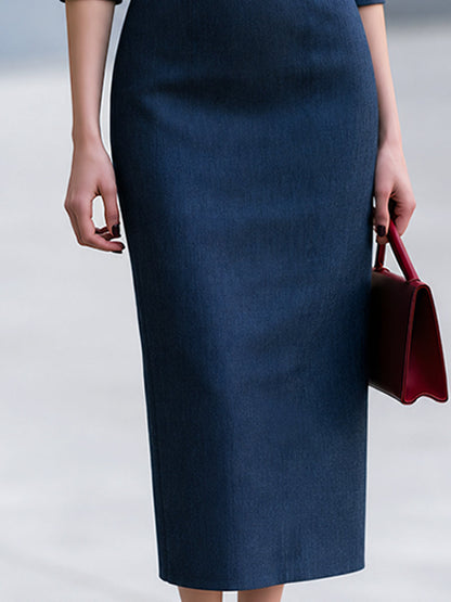 Asymmetric Stand-Collar Pencil Midi Dress