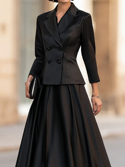 Elegant Double-Breasted Satin Blazer & Maxi Skirt Two-Piece Set