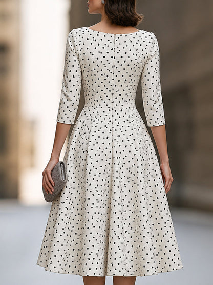 Elegant Polka Dot Bow Detail A-Line Midi Dress