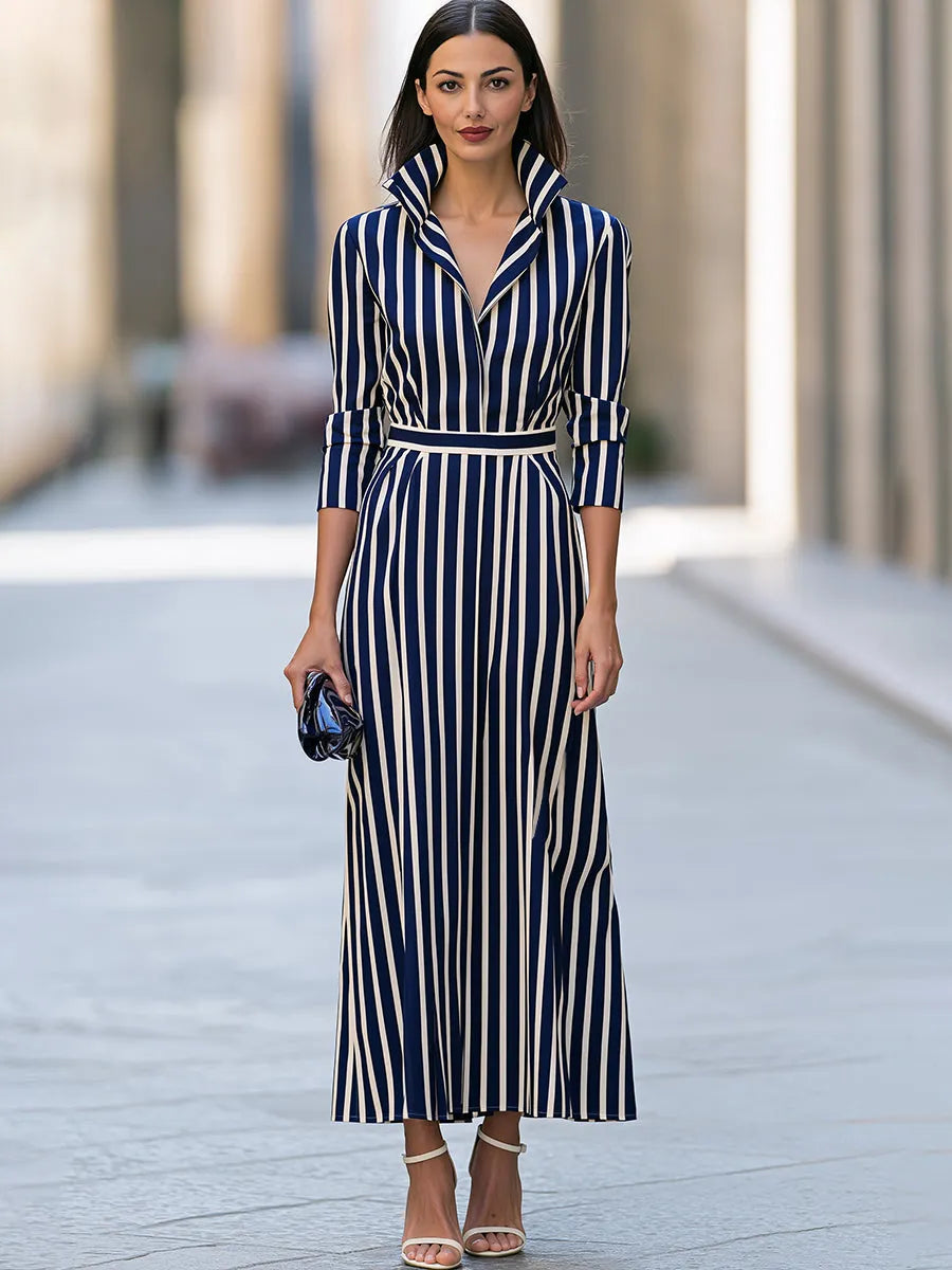 Striped Collared Belted Maxi Dress
