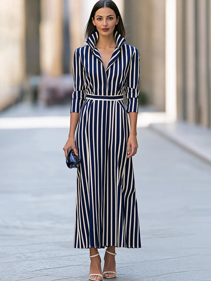 Striped Collared Belted Maxi Dress