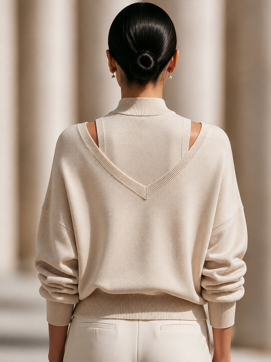 Layered-Look Mock-Neck V-Neck Sweater