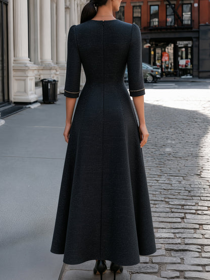 Tweed-Texture Bow-Collar A-Line Maxi Dress