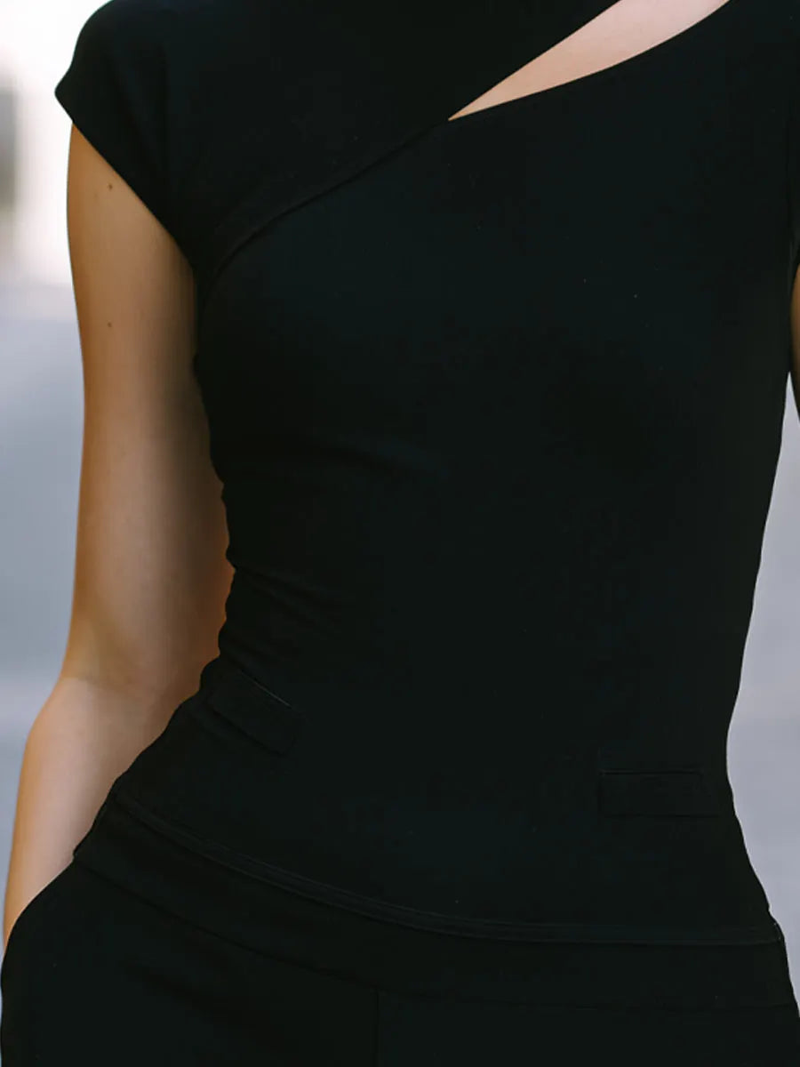 Asymmetric Cutout High-Neck Fitted T-Shirt