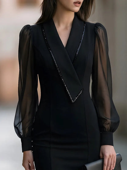 Beaded Trim V-Neck Sheer Sleeve Midi Sheath Dress