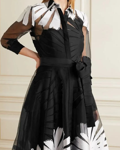 Shirt collar maxi dress organza print