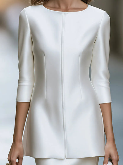 Elegant Zip Front Blazer Jacket And Pencil Skirt Set