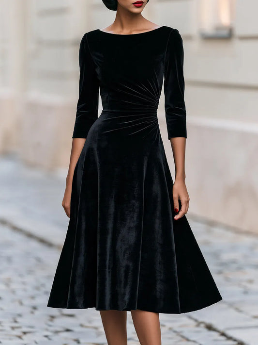 Vestido Midi de Veludo Ruched na Lateral Manga 3/4 Gola Canoa