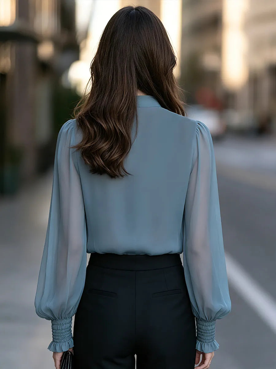 Ruffled Chiffon Stand-Collar Shirred Cuffs Blouse
