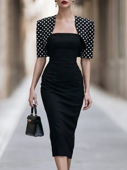 Strapless Midi Dress With Polka Dot Cropped Bolero Jacket Set