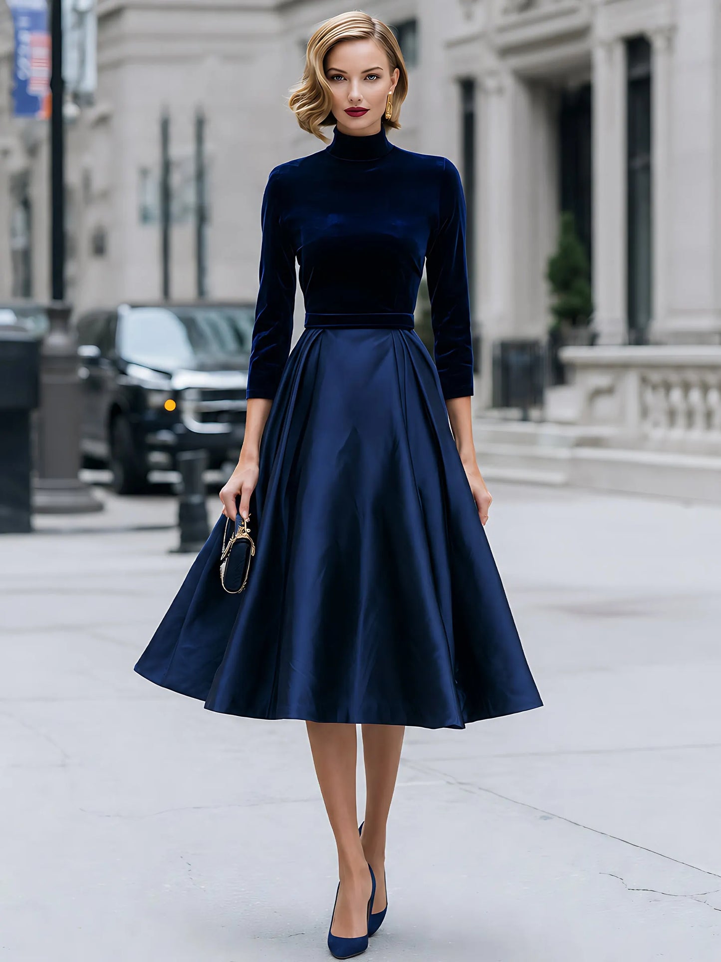 Velvet And Satin High-Neck A-Line Midi Dress