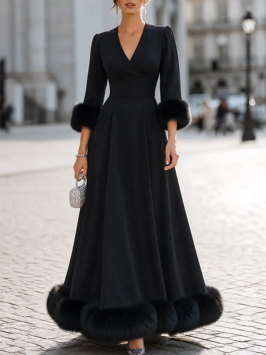 Faux-Fur Trimmed V-Neck A-Line Maxi Dress