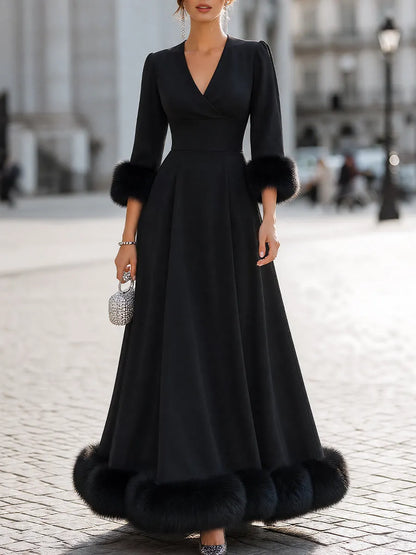 Faux-Fur Trimmed V-Neck A-Line Maxi Dress