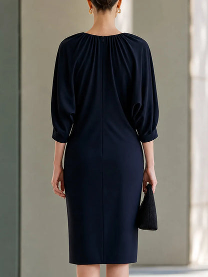 Pleated Neckline Dolman-Sleeve Midi Dress