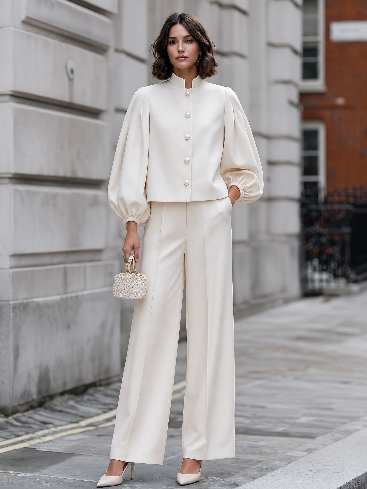 Pearl-Button Balloon-Sleeve Pants Set