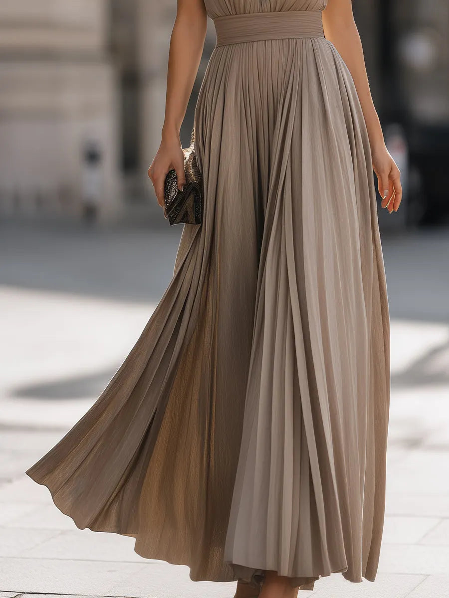 Pleated Halter Neck Flowing Maxi Dress