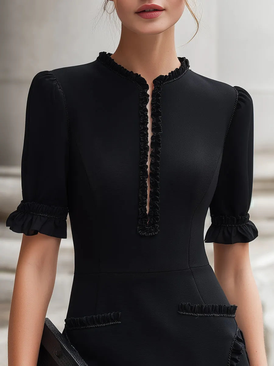 Puff Sleeves Ruffle Trim Tailored Midi Dress