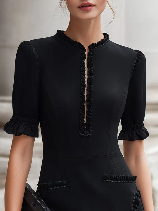 Puff Sleeves Ruffle Trim Tailored Midi Dress