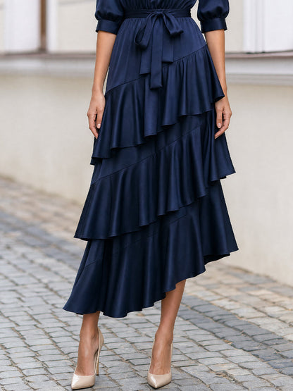 Round Neck  Self Tie Waist Asymmetrical Tiered Ruffle Midi Dress