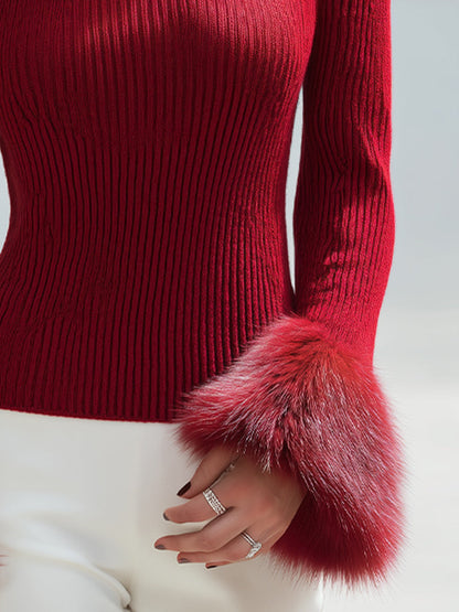 Faux Fur Cuffs Boat-Neck Ribbed Knit Sweater