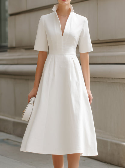 Stand Collar V-Neck Fit-and-Flare Midi Dress